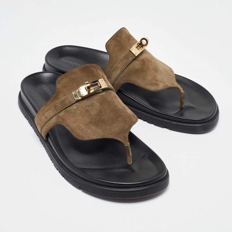 Pre Owned Hermès Olive Green Suede Empire Slides Size 39