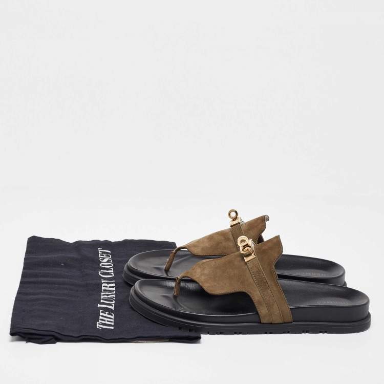 Pre Owned Hermès Olive Green Suede Empire Slides Size 39