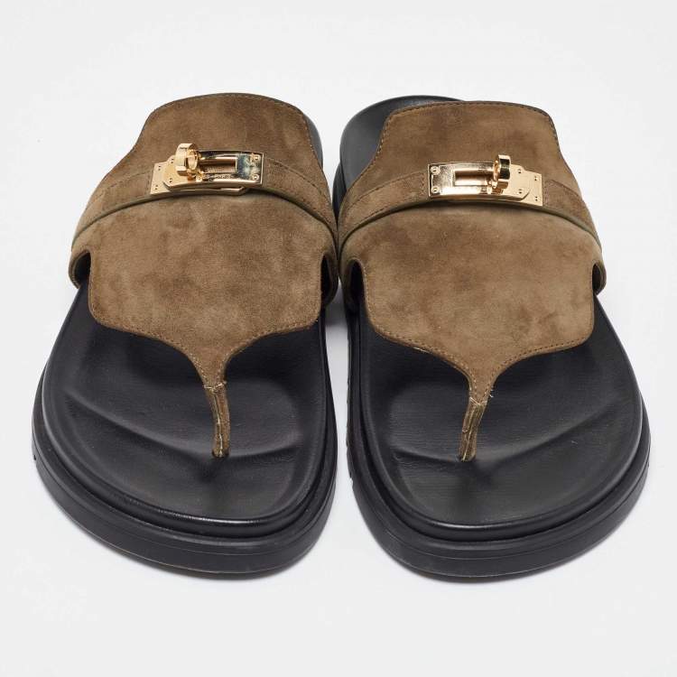 Pre Owned Hermès Olive Green Suede Empire Slides Size 39