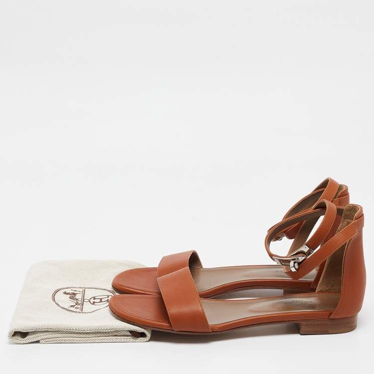 Pre Owned Hermes Brown Leather Manege Ankle Strap Flat Sandals Size 39