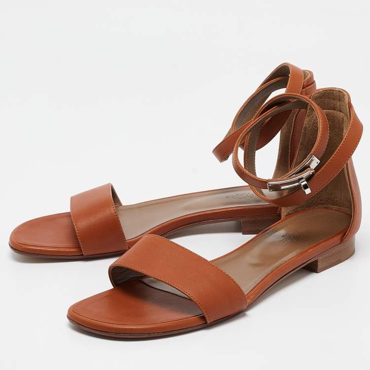 Pre Owned Hermes Brown Leather Manege Ankle Strap Flat Sandals Size 39