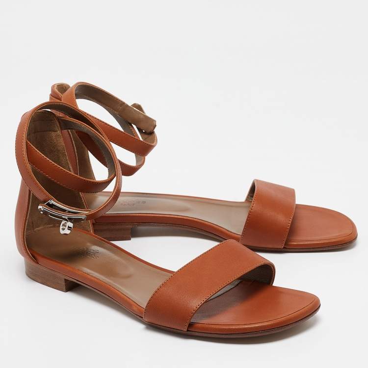 Pre Owned Hermes Brown Leather Manege Ankle Strap Flat Sandals Size 39