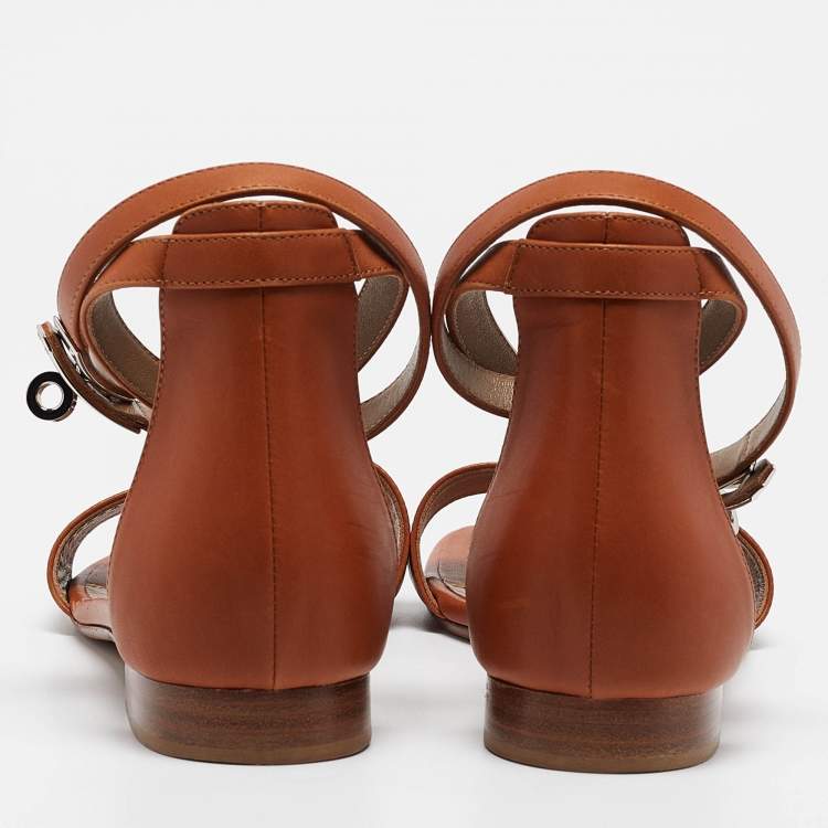 Pre Owned Hermes Brown Leather Manege Ankle Strap Flat Sandals Size 39