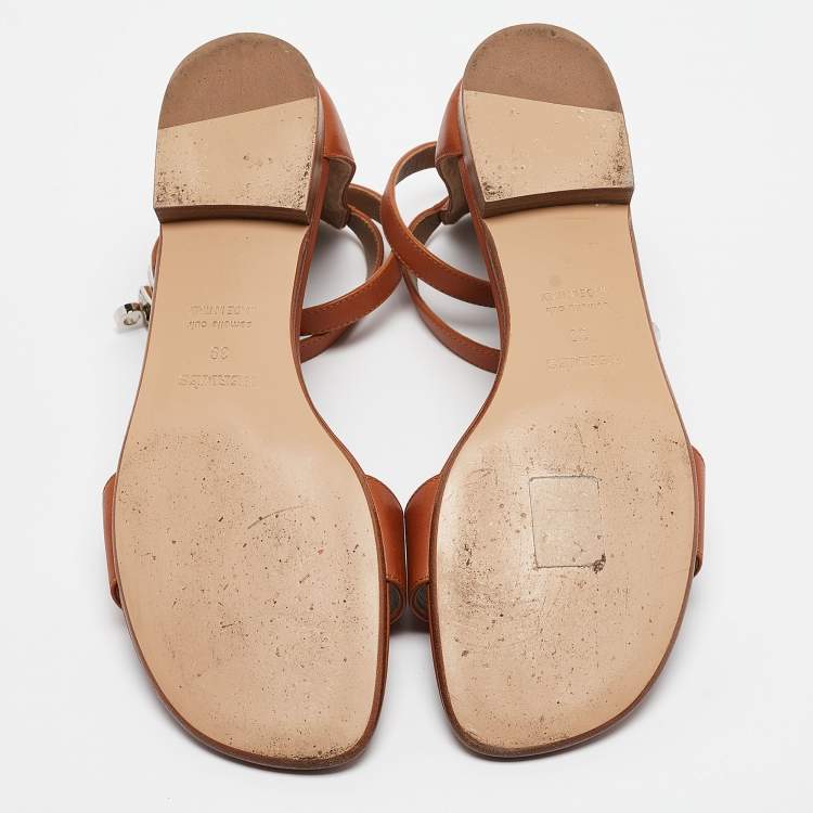 Pre Owned Hermes Brown Leather Manege Ankle Strap Flat Sandals Size 39