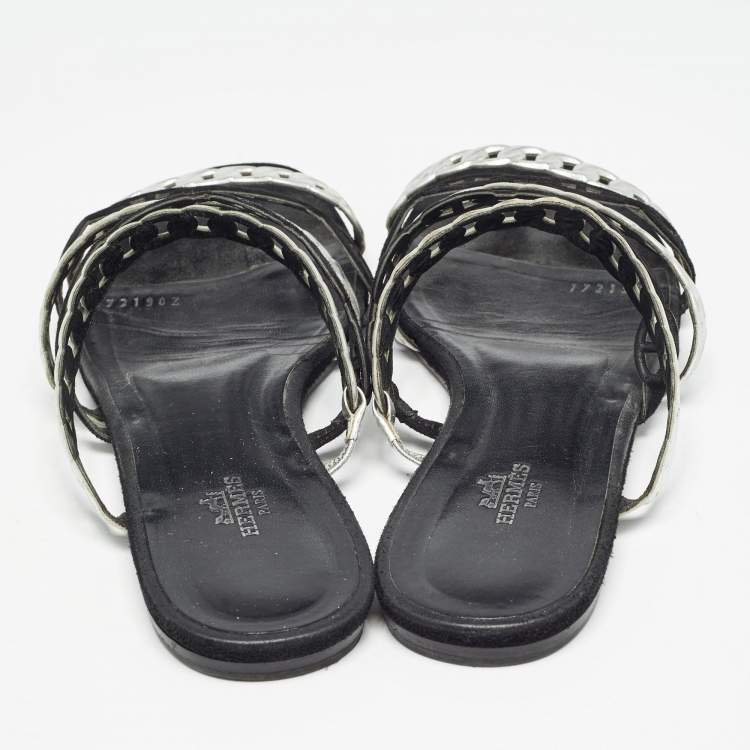 Pre Owned Hermes Metallic Leather Chaine D'ancre Flat Sandals Size 39