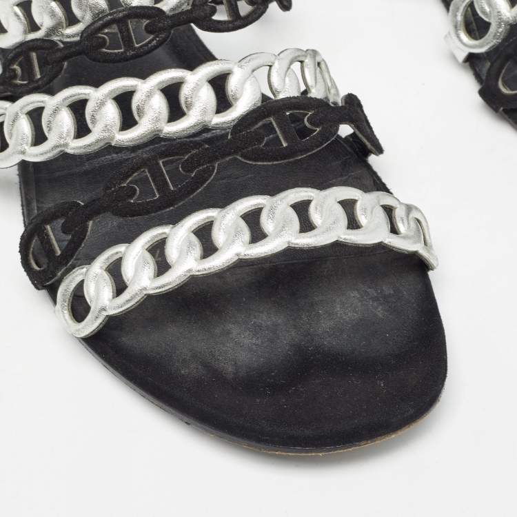 Pre Owned Hermes Metallic Leather Chaine D'ancre Flat Sandals Size 39