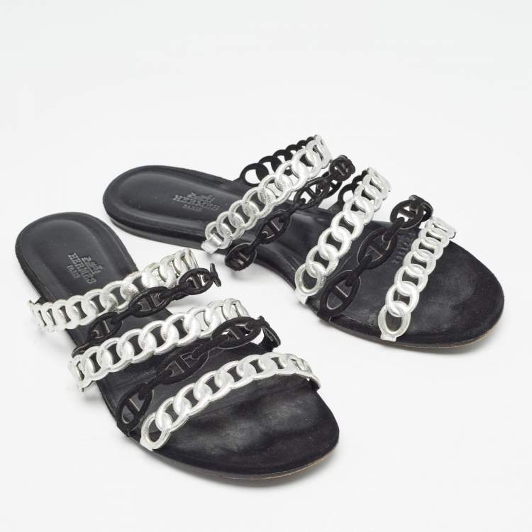 Pre Owned Hermes Metallic Leather Chaine D'ancre Flat Sandals Size 39