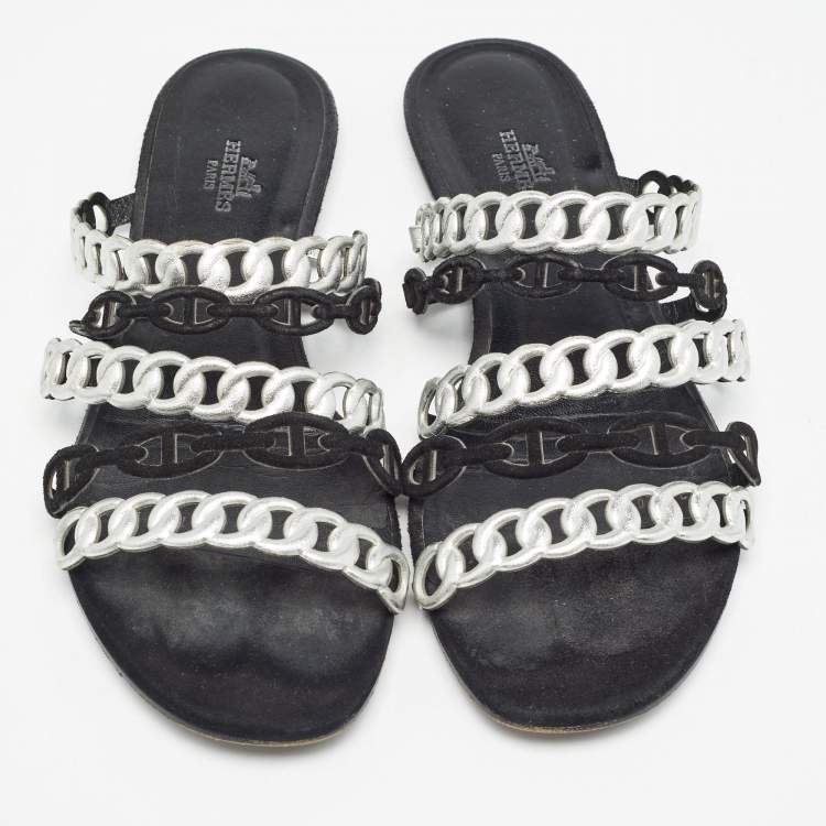 Pre Owned Hermes Metallic Leather Chaine D'ancre Flat Sandals Size 39