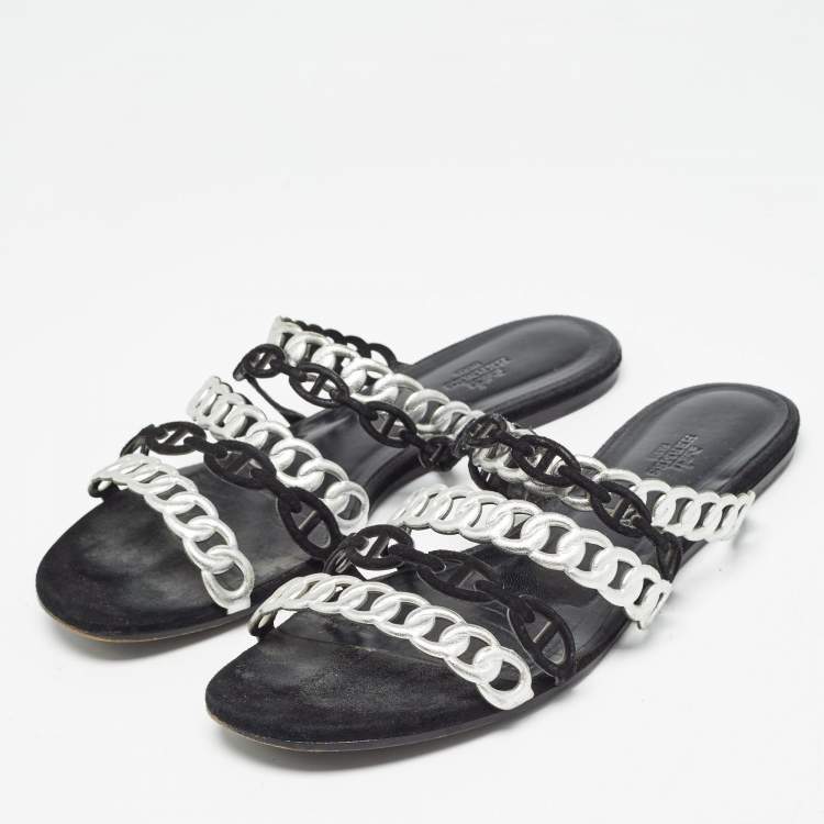 Pre Owned Hermes Metallic Leather Chaine D'ancre Flat Sandals Size 39