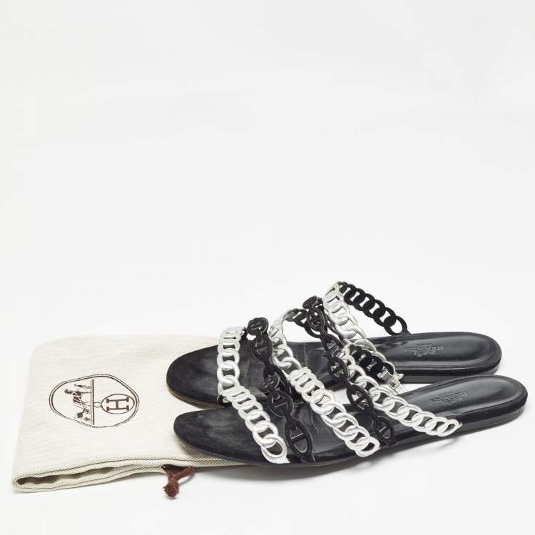 Pre Owned Hermes Metallic Leather Chaine D'ancre Flat Sandals Size 39