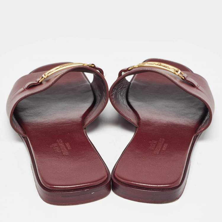 Pre Owned Hermes Burgundy Leather Villa Flat Slides Size 38