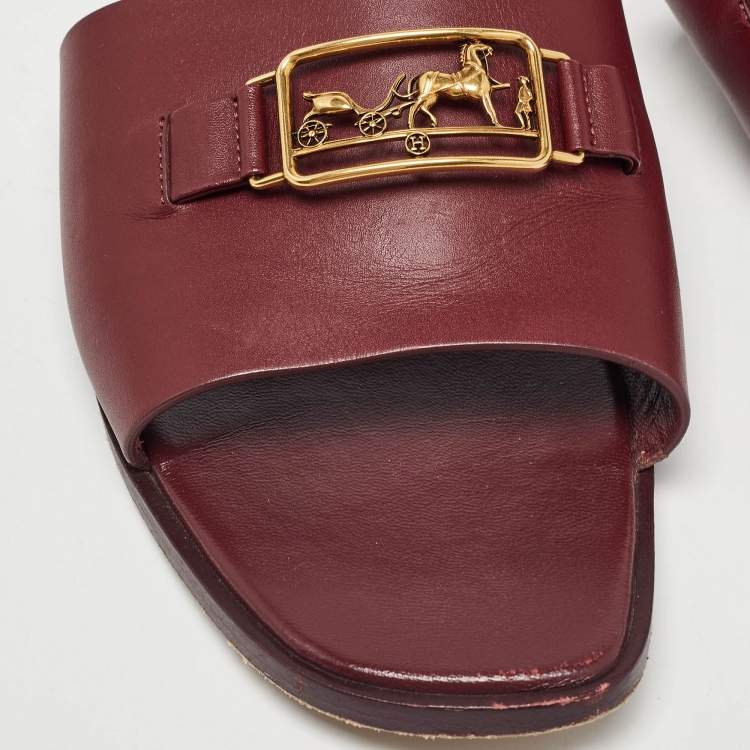 Pre Owned Hermes Burgundy Leather Villa Flat Slides Size 38