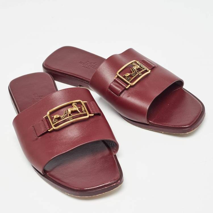 Pre Owned Hermes Burgundy Leather Villa Flat Slides Size 38