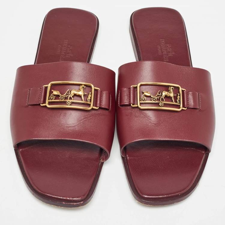 Pre Owned Hermes Burgundy Leather Villa Flat Slides Size 38