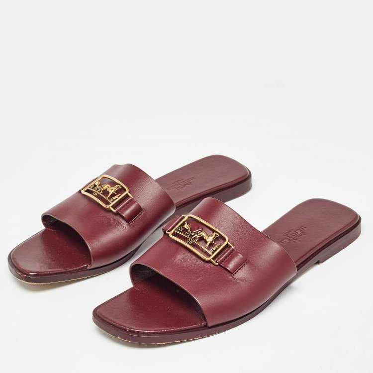 Pre Owned Hermes Burgundy Leather Villa Flat Slides Size 38