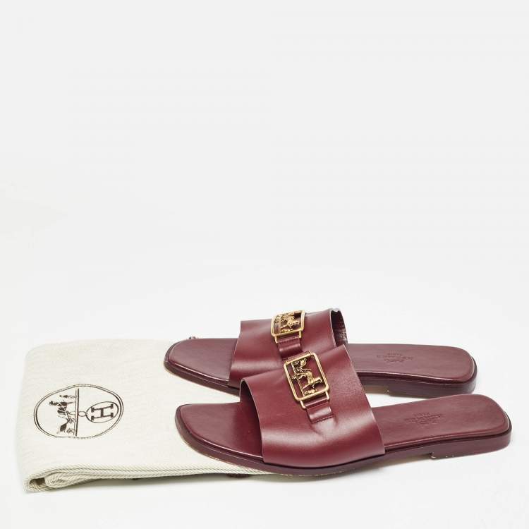 Pre Owned Hermes Burgundy Leather Villa Flat Slides Size 38
