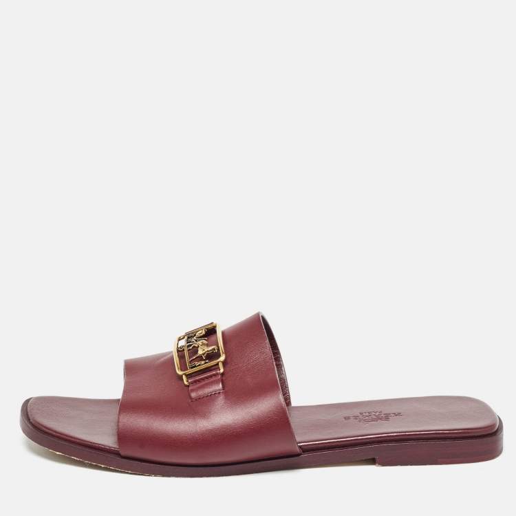 Pre Owned Hermes Burgundy Leather Villa Flat Slides Size 38