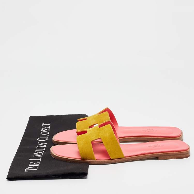 Pre Owned Hermes Yellow Suede Oran Flat Slides Size 40 