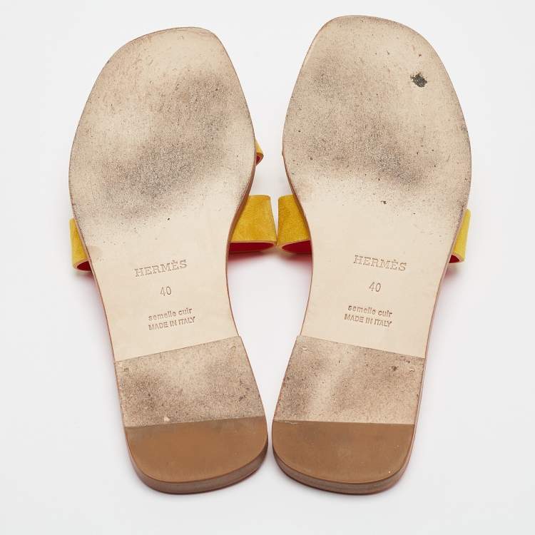 Pre Owned Hermes Yellow Suede Oran Flat Slides Size 40 