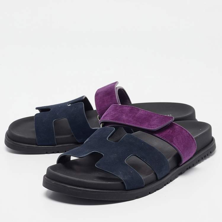 Pre Owned Hermes Navy Blue/Purple Suede  Chypre Slide Sandals Size 40