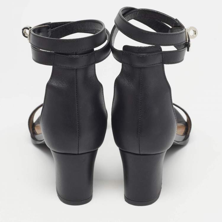 Pre Owned Hermes Black Leather Manege Ankle Strap Sandals Size 37