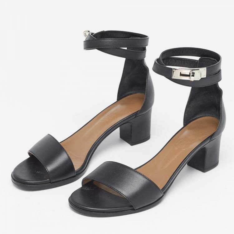 Pre Owned Hermes Black Leather Manege Ankle Strap Sandals Size 37
