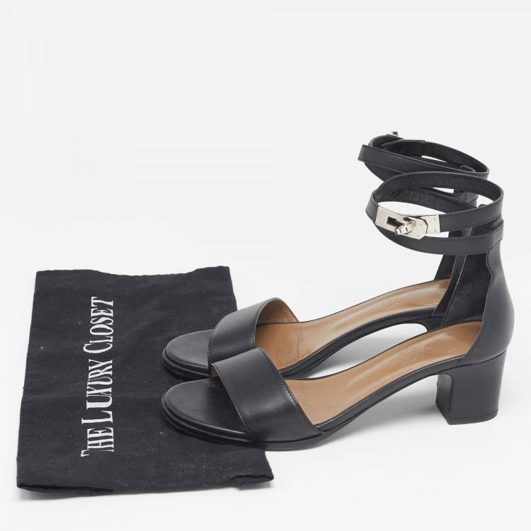 Pre Owned Hermes Black Leather Manege Ankle Strap Sandals Size 37
