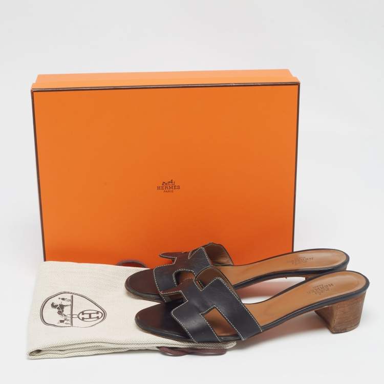 Pre Owned Hermes Black Leather Oasis Slide Sandals Size 38