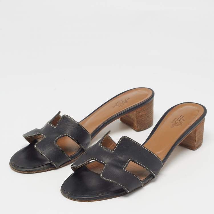 Pre Owned Hermes Black Leather Oasis Slide Sandals Size 38