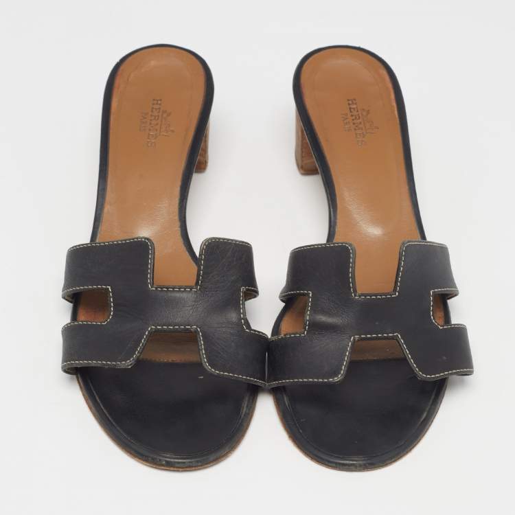 Pre Owned Hermes Black Leather Oasis Slide Sandals Size 38