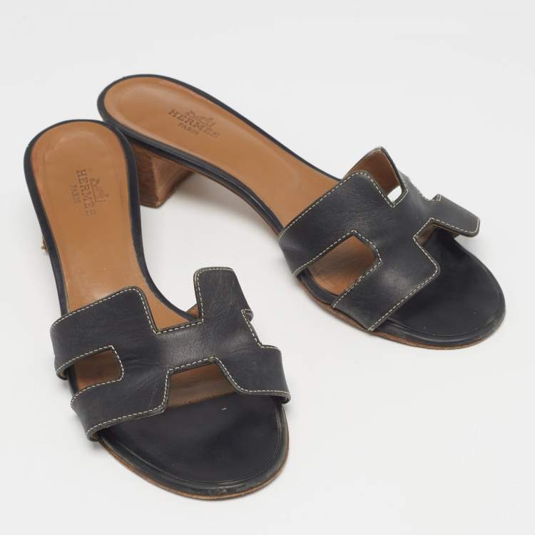 Pre Owned Hermes Black Leather Oasis Slide Sandals Size 38