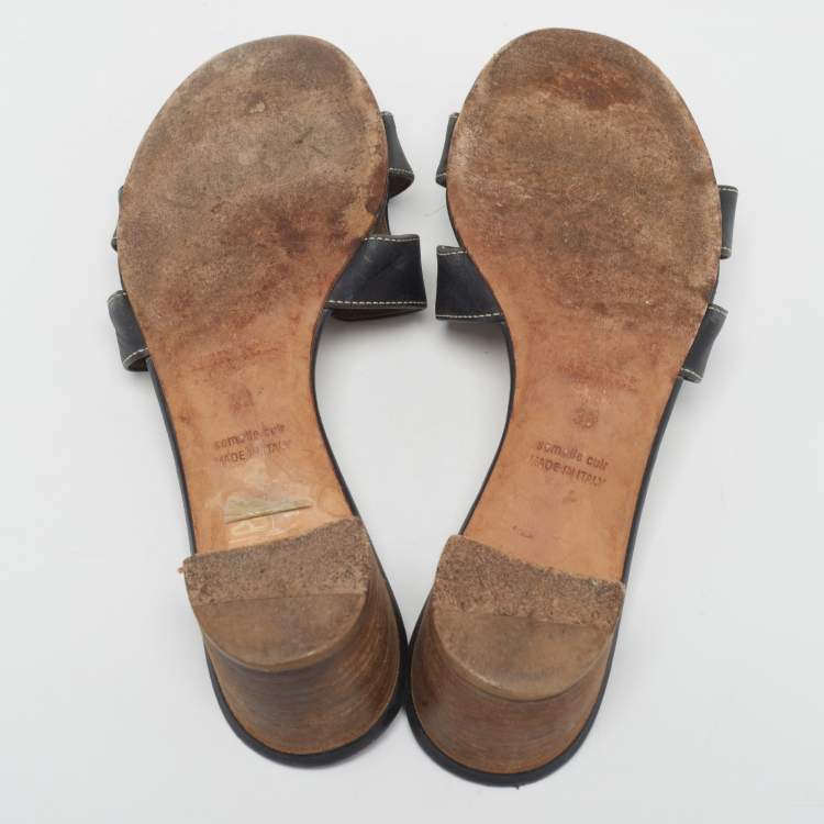 Pre Owned Hermes Black Leather Oasis Slide Sandals Size 38