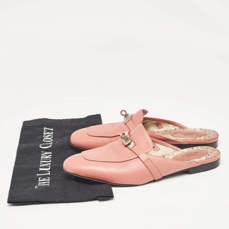 Pre Owned Hermes Pink Leather Oz Flat Mules Size 39