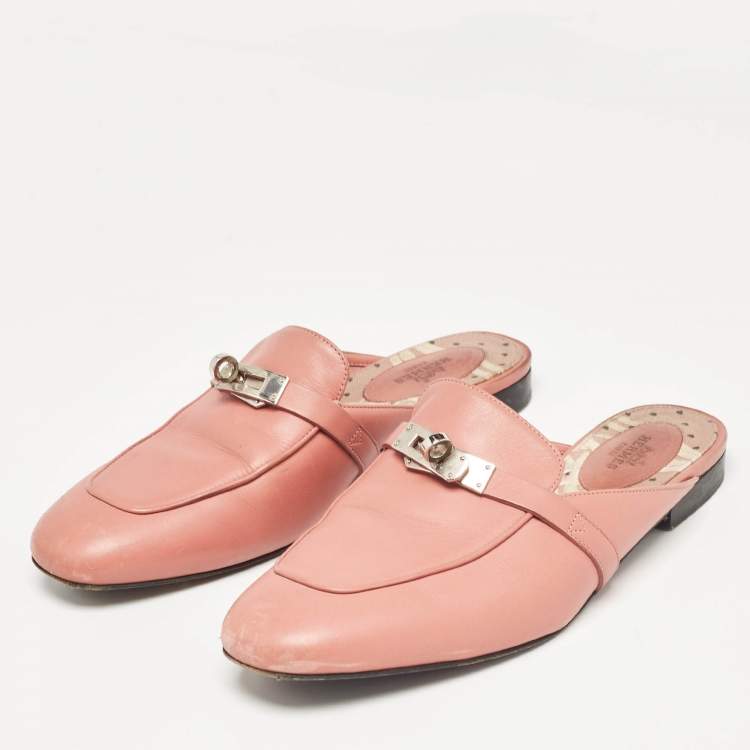 Pre Owned Hermes Pink Leather Oz Flat Mules Size 39