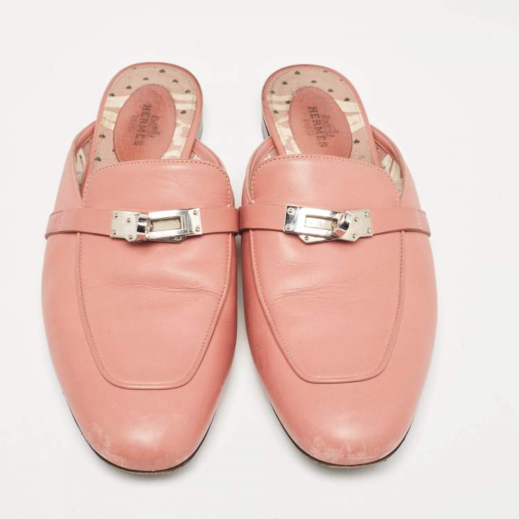 Pre Owned Hermes Pink Leather Oz Flat Mules Size 39