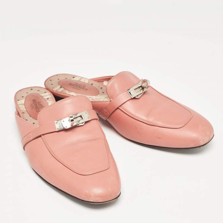 Pre Owned Hermes Pink Leather Oz Flat Mules Size 39
