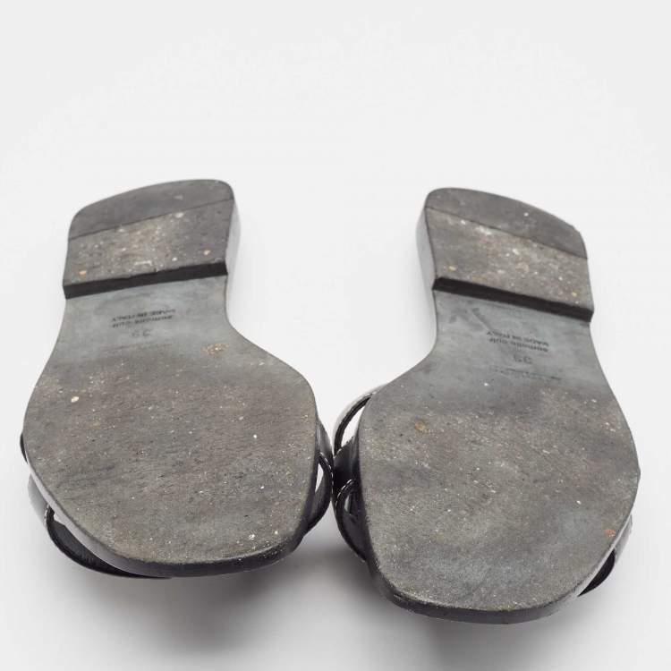 Pre Owned Hermes Black Leather Oran Flat Slides Size 39