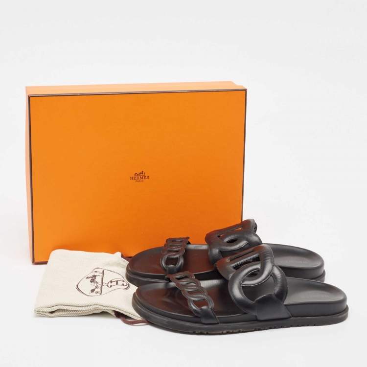 Pre Owned Hermes Black Leather Extra Sandals Size 38
