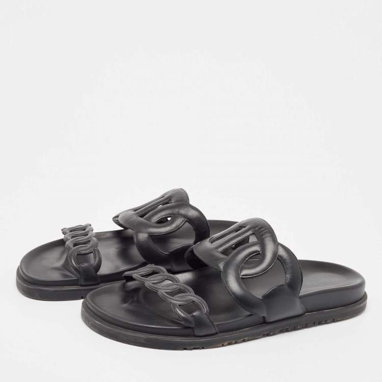 Pre Owned Hermes Black Leather Extra Sandals Size 38