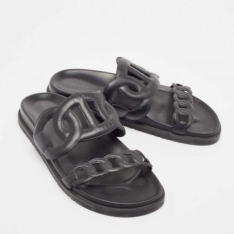Pre Owned Hermes Black Leather Extra Sandals Size 38