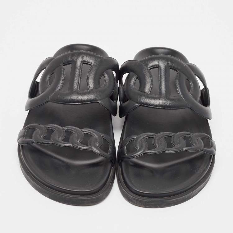 Pre Owned Hermes Black Leather Extra Sandals Size 38