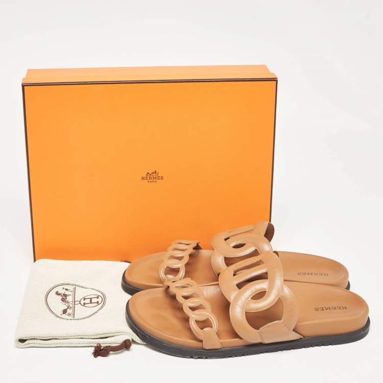 Pre Owned Hermes Brown Leather Extra Sandals Size 38.5
