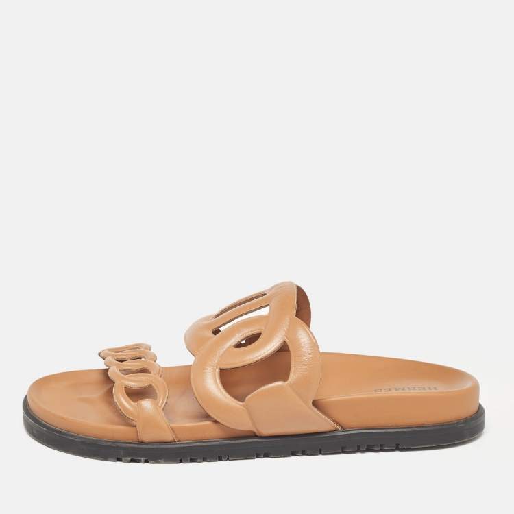 Pre Owned Hermes Brown Leather Extra Sandals Size 38.5
