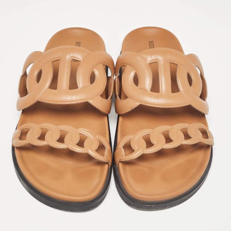 Pre Owned Hermes Brown Leather Extra Sandals Size 38.5