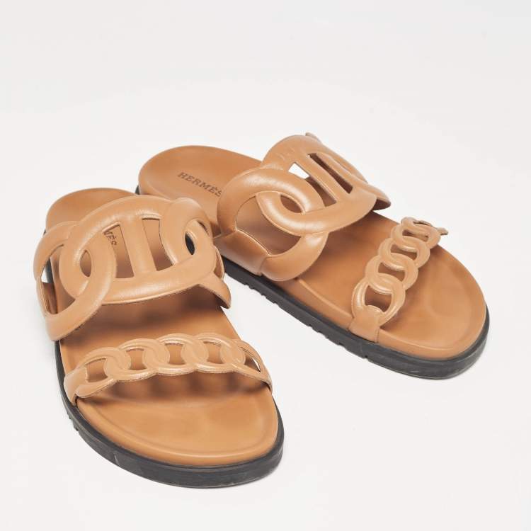 Pre Owned Hermes Brown Leather Extra Sandals Size 38.5