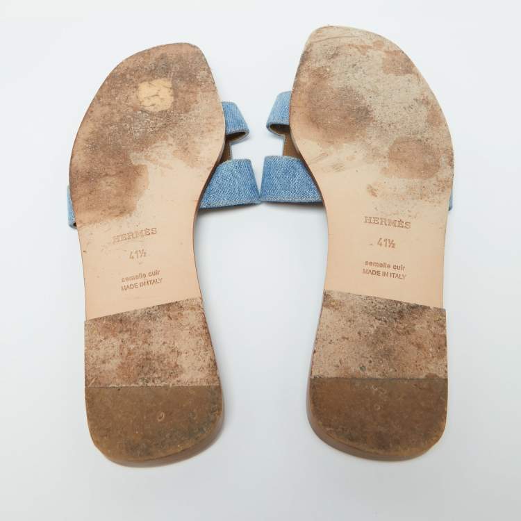 Pre Owned Hermes Blue Denim Oran Flat Slides Size 41.5
