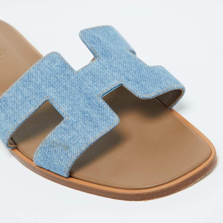 Pre Owned Hermes Blue Denim Oran Flat Slides Size 41.5