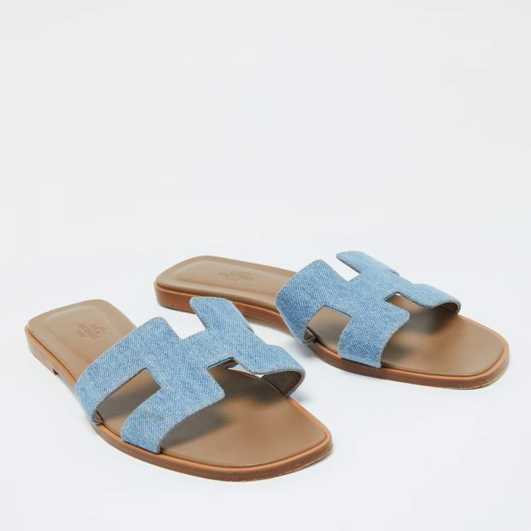 Pre Owned Hermes Blue Denim Oran Flat Slides Size 41.5
