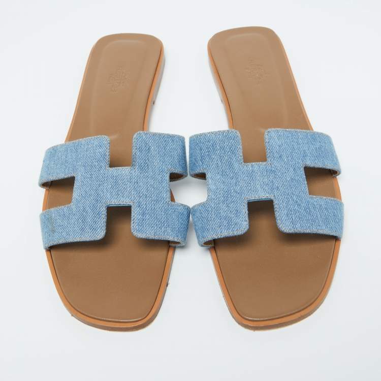 Pre Owned Hermes Blue Denim Oran Flat Slides Size 41.5