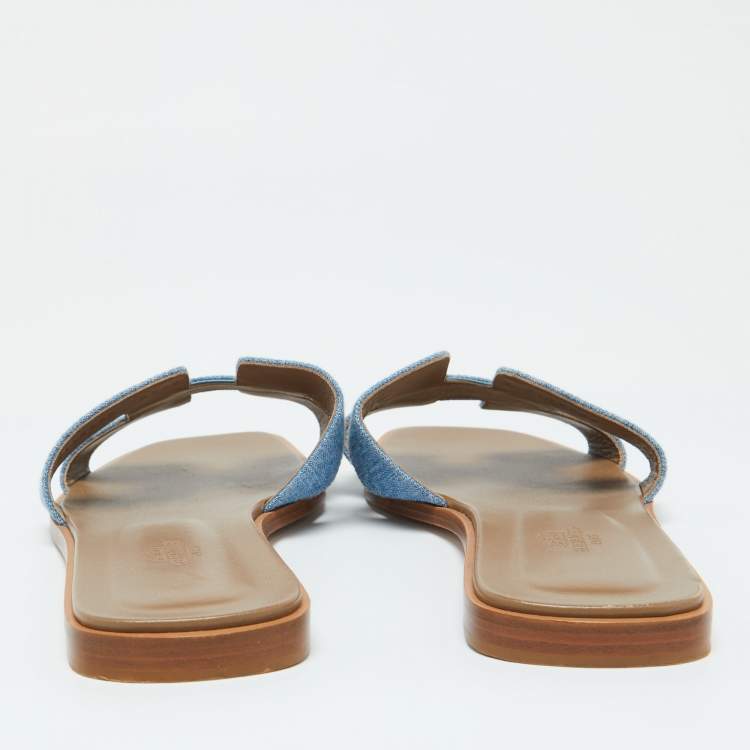 Pre Owned Hermes Blue Denim Oran Flat Slides Size 41.5